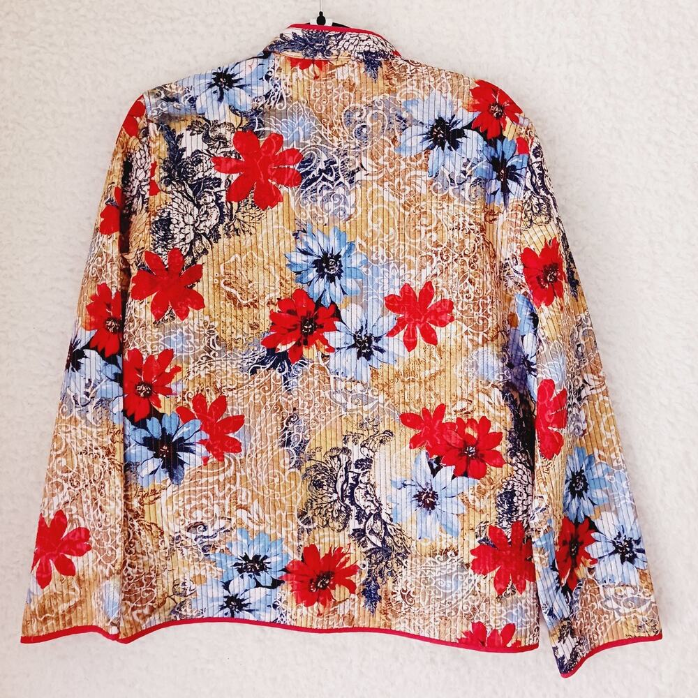 Jacket Women Open Dunner Rust Blue Topstitching Floral Mandarin Collar Size 14 - Picture 2 of 8